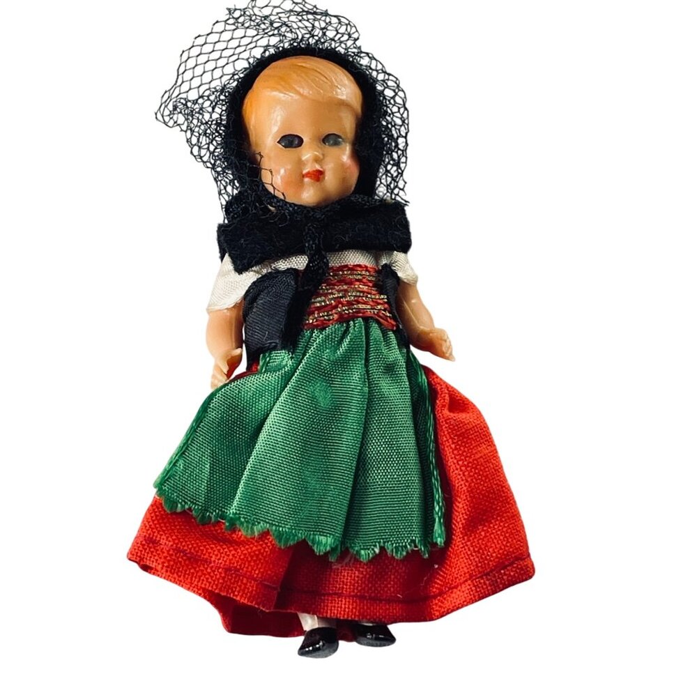 Vintage 3" Hard Plastic Doll In Folk Costume With Lace Headpiece & Painted Face